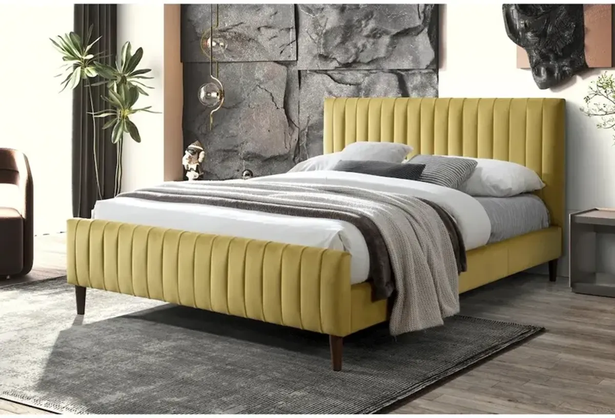 Omax Decor Spencer Wood/Fabric Upholstered Queen Platform Bed in Gold Velvet