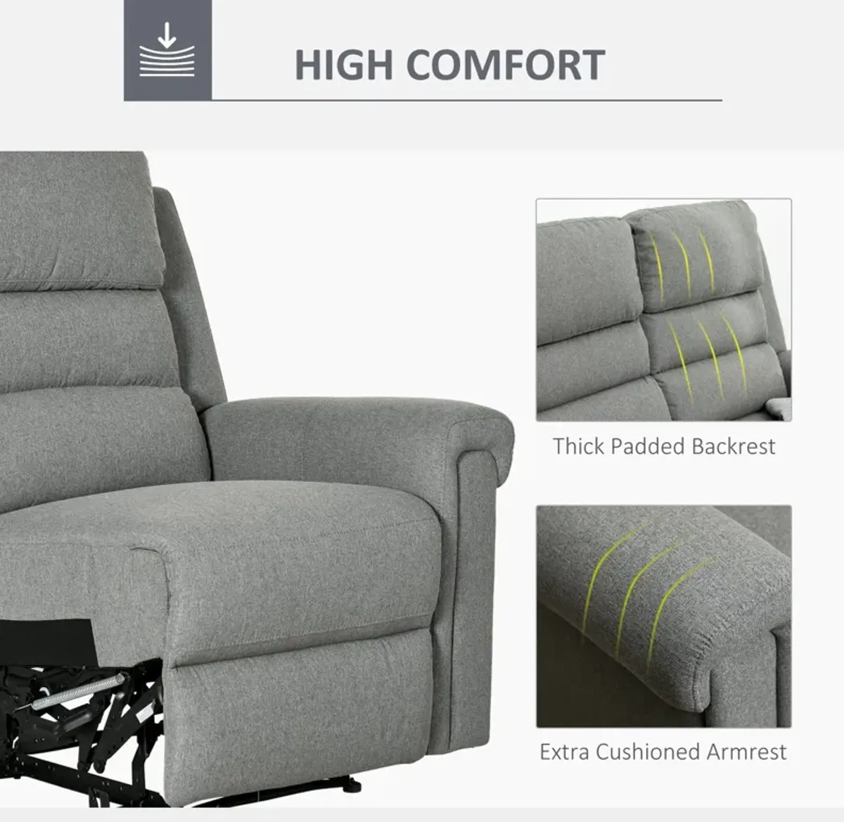 Grey Living Room Relaxation: 2-Seater Manual Reclining Sofa with Linen Fabric