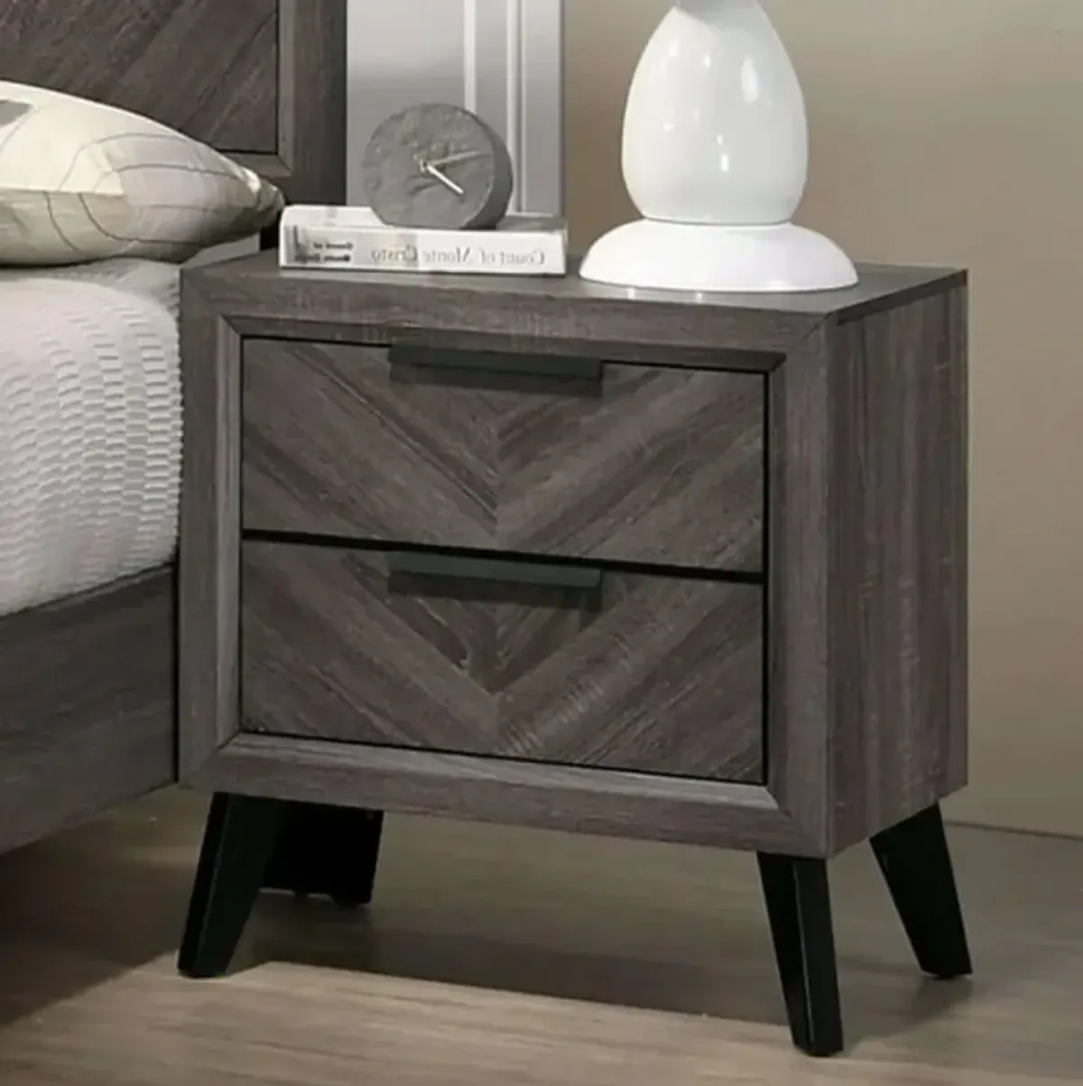 Contemporary Gray Color 1 Piece Nightstand Solid Wood Chevron Pattern