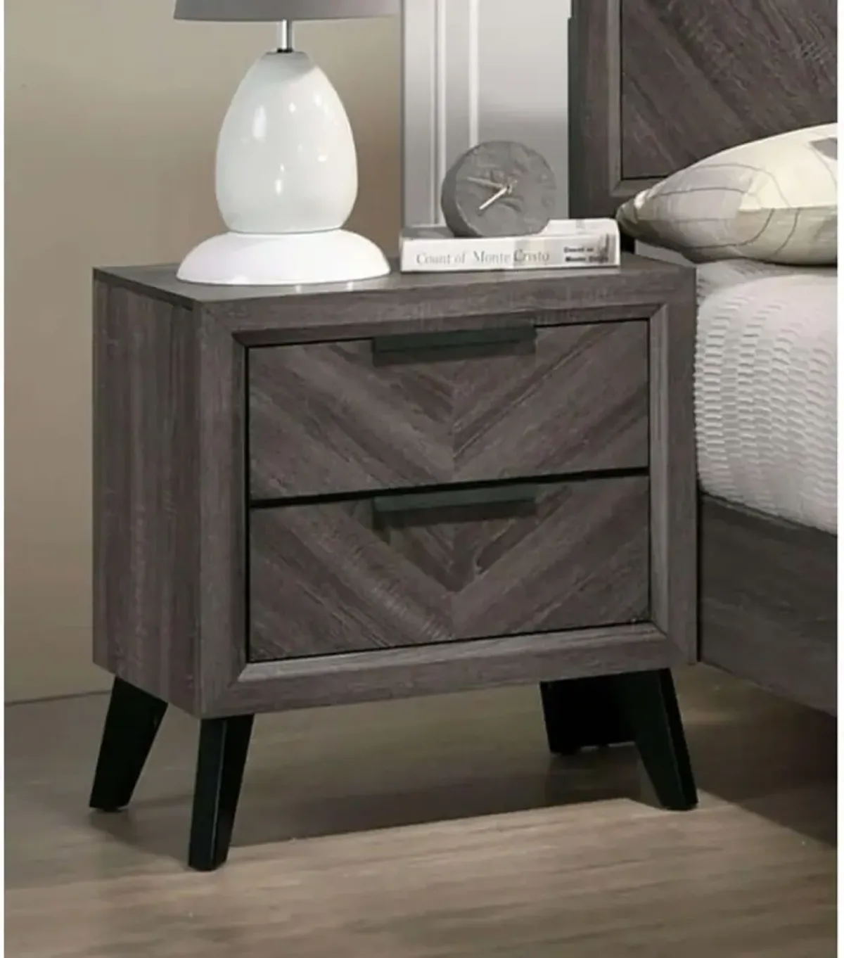 Contemporary Gray Color 1 Piece Nightstand Solid Wood Chevron Pattern