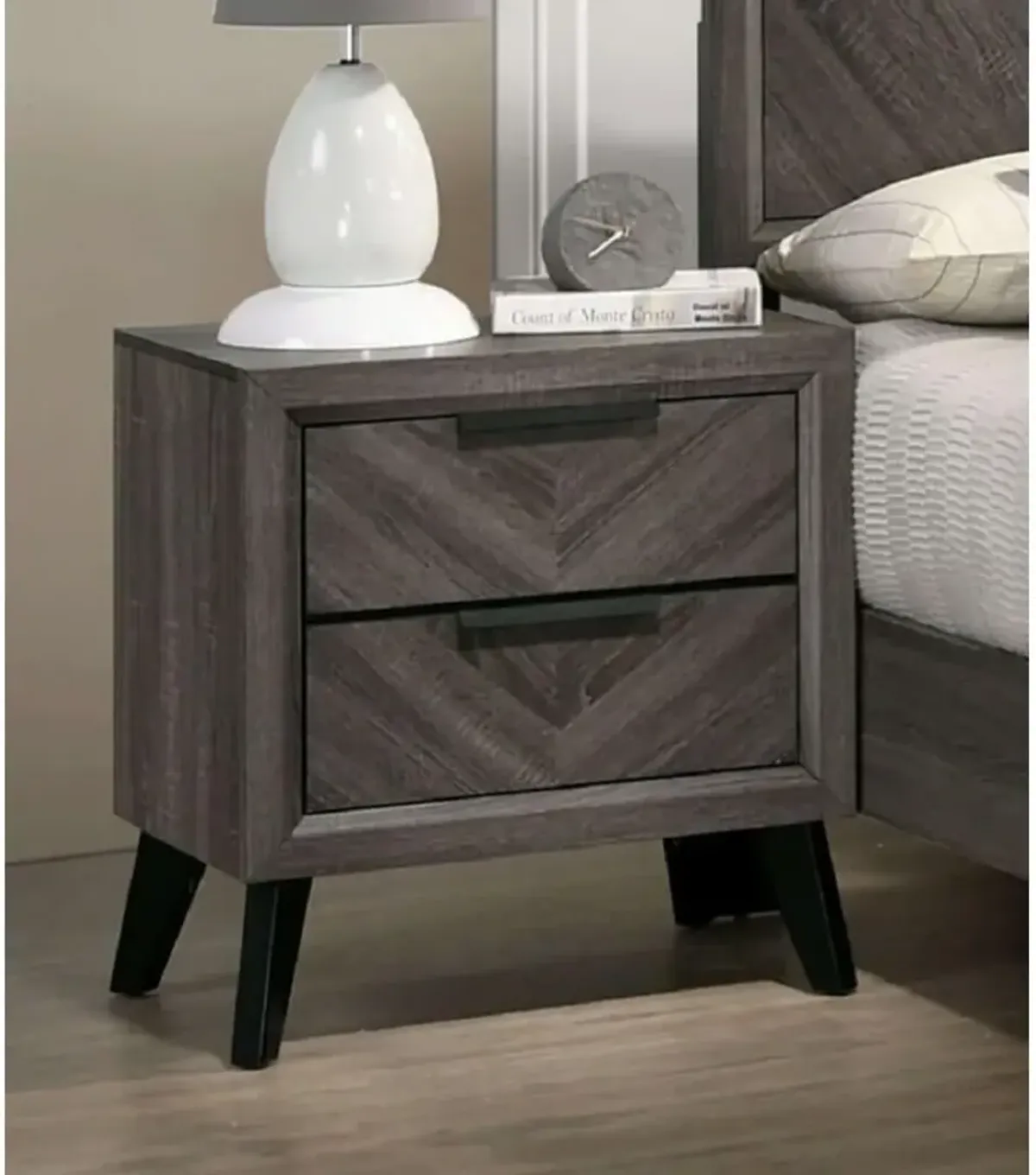 Contemporary Gray Color 1 Piece Nightstand Solid Wood Chevron Pattern