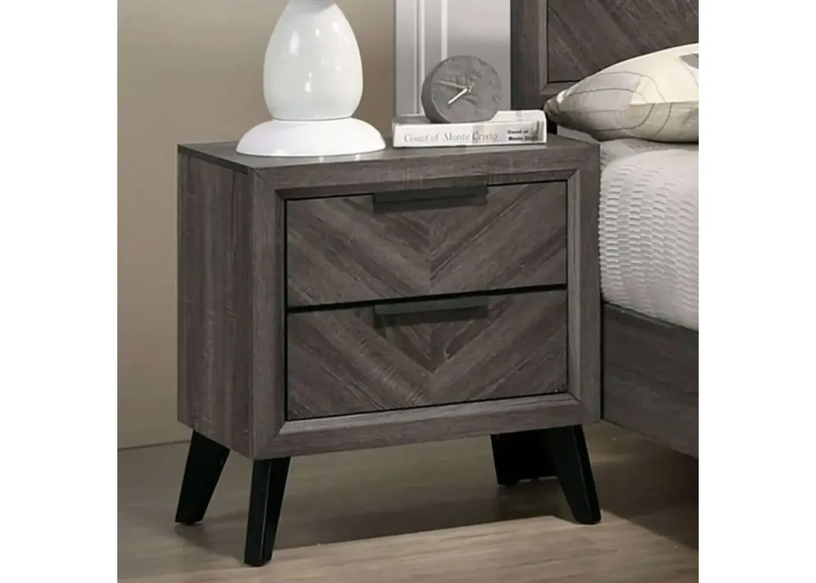 Contemporary Gray Color 1 Piece Nightstand Solid Wood Chevron Pattern