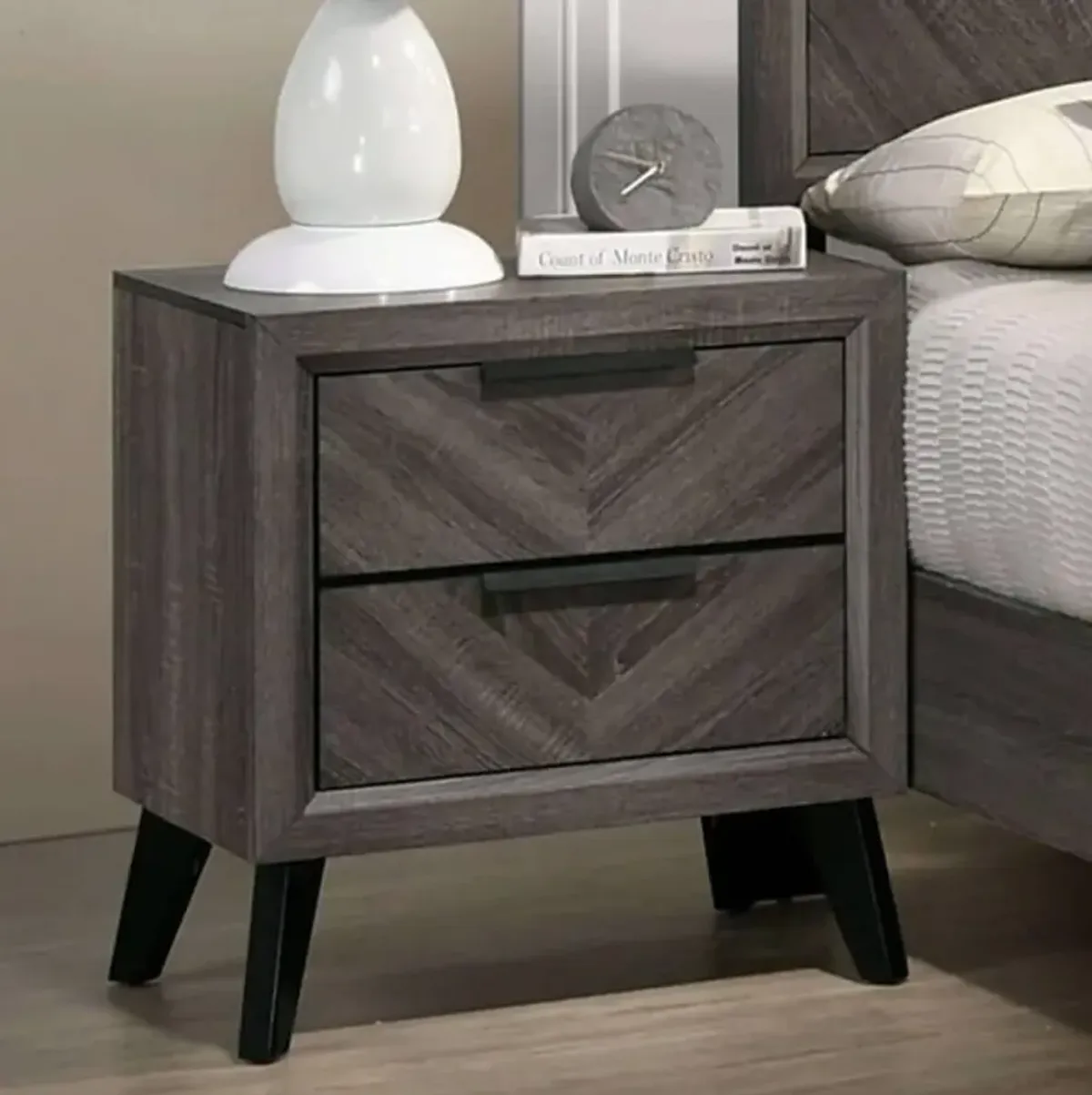 Contemporary Gray Color 1 Piece Nightstand Solid Wood Chevron Pattern