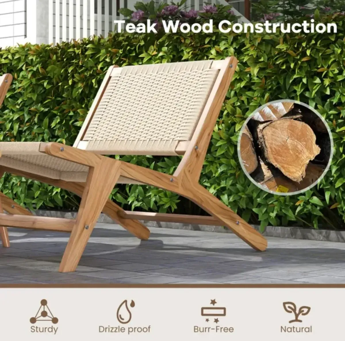 Hivvago Teak Wooden Chair with Braided Rope Seat and Backrest for Backyard