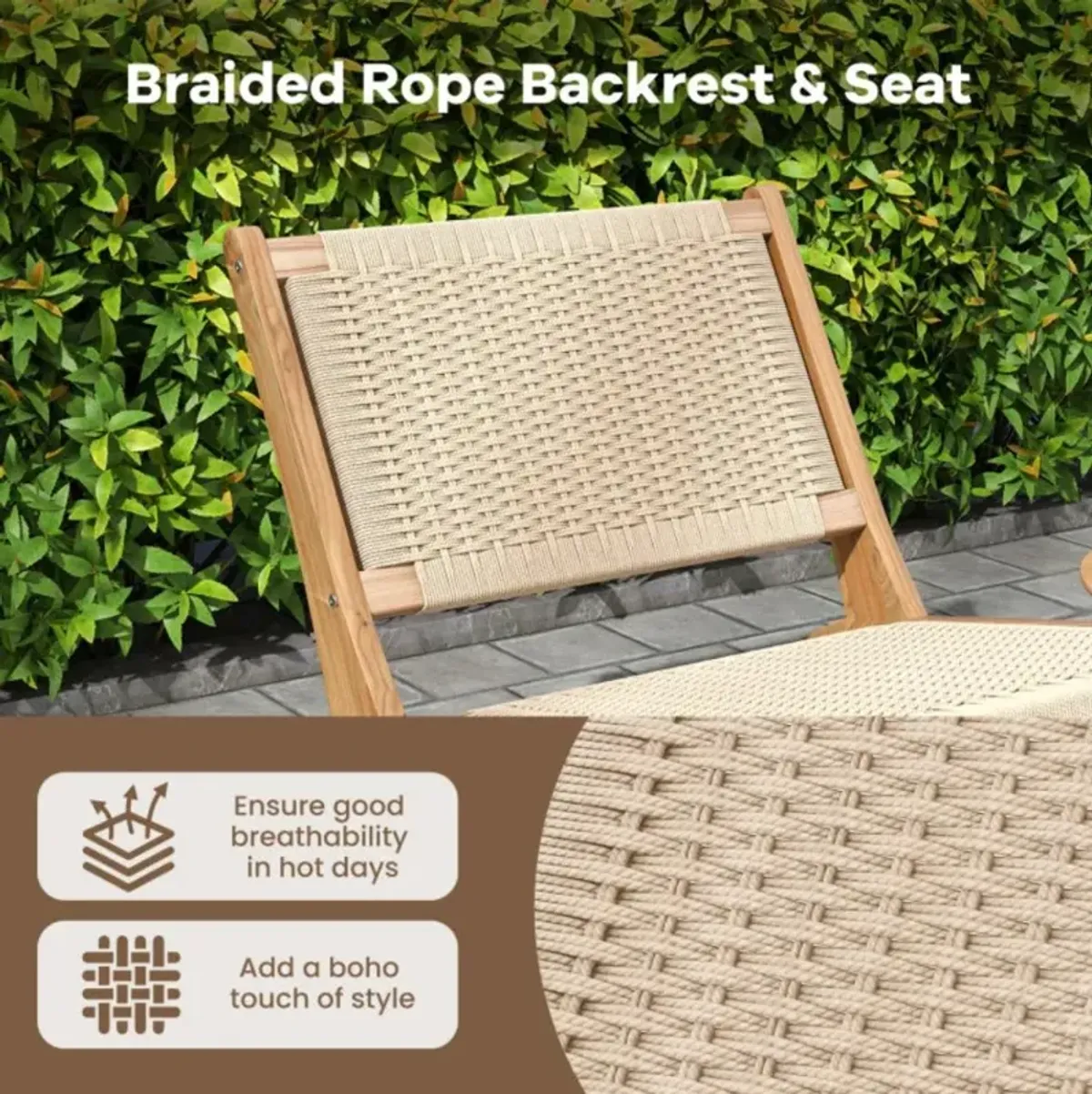 Hivvago Teak Wooden Chair with Braided Rope Seat and Backrest for Backyard