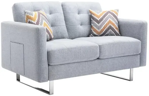 Victoria Light Gray Linen Fabric Loveseat with Metal Legs, Side Pockets, and Pillows