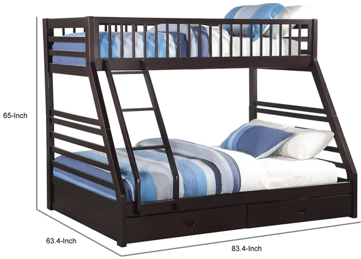 Wooden TwinXL/Queen Bunk Bed with Drawers, Espresso Brown - Benzara