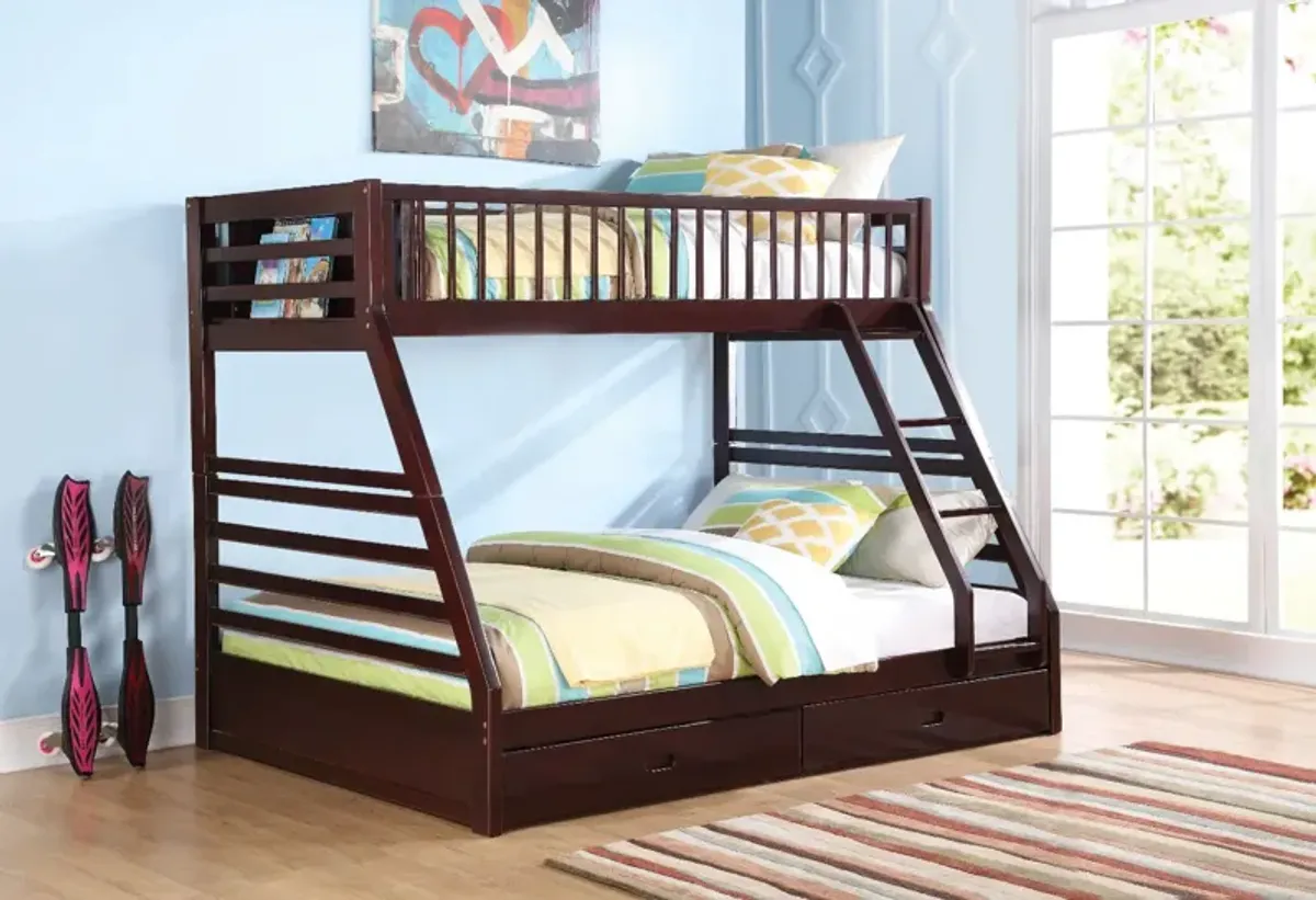 Wooden TwinXL/Queen Bunk Bed with Drawers, Espresso Brown - Benzara