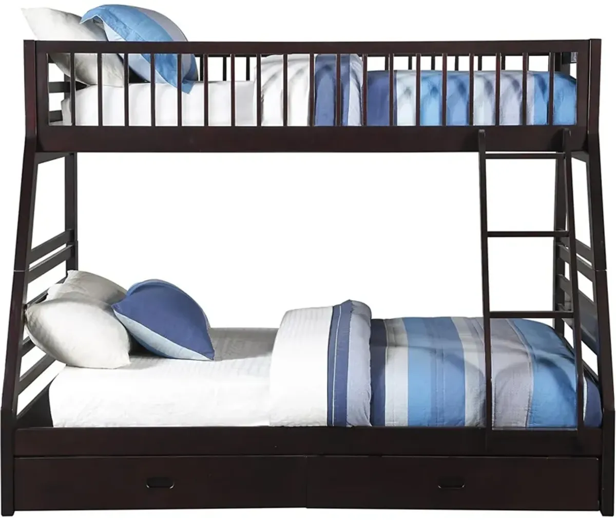 Wooden TwinXL/Queen Bunk Bed with Drawers, Espresso Brown - Benzara