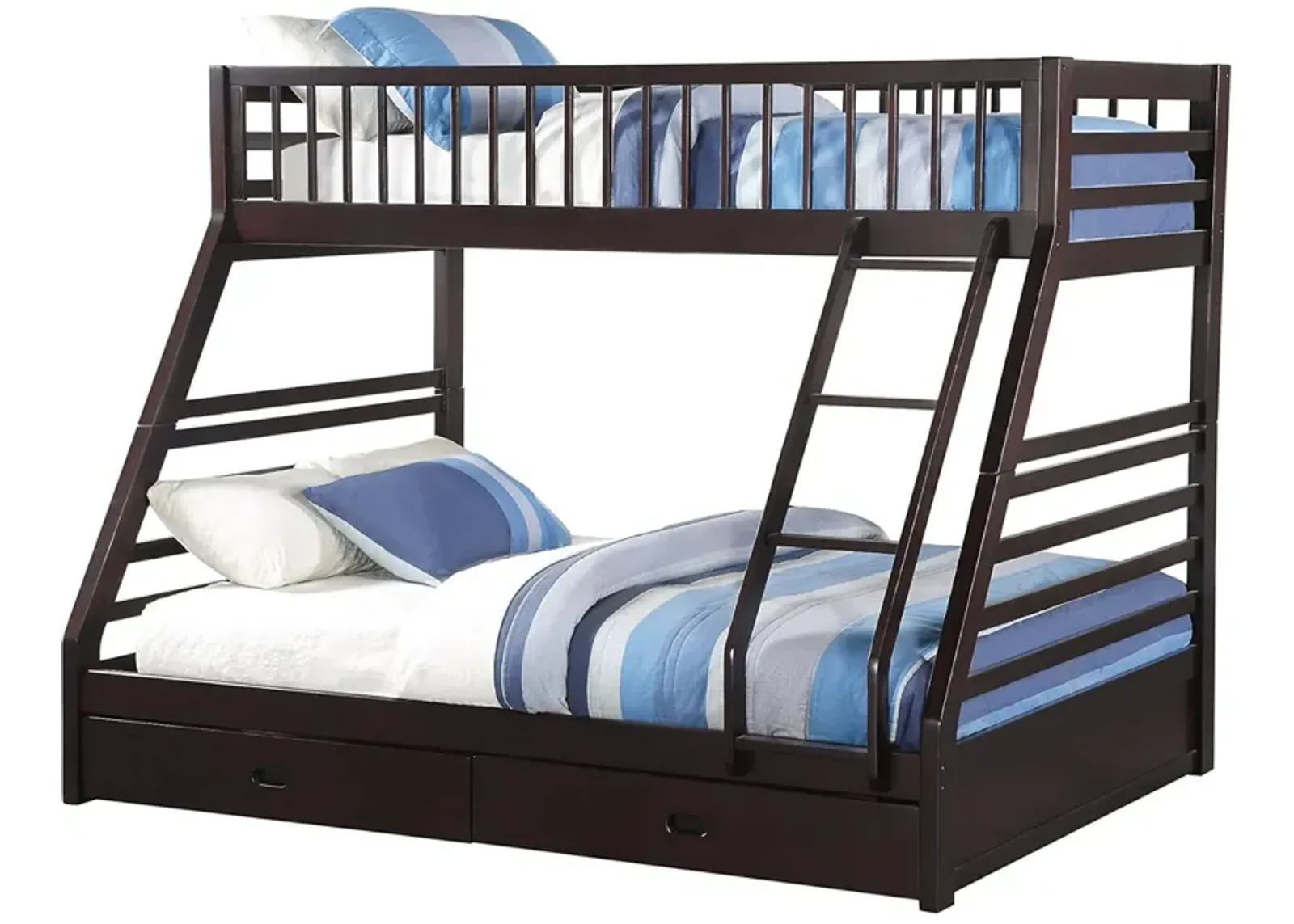 Wooden TwinXL/Queen Bunk Bed with Drawers, Espresso Brown - Benzara