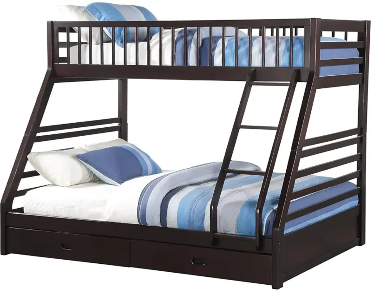 Wooden TwinXL/Queen Bunk Bed with Drawers, Espresso Brown - Benzara