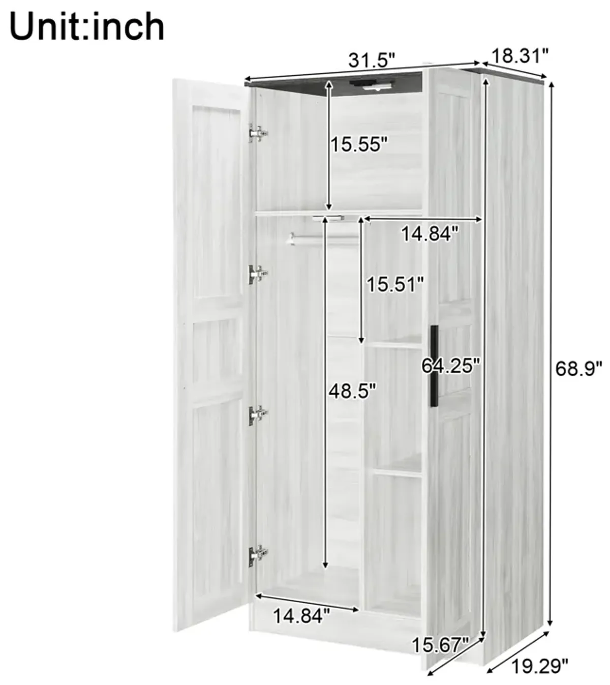 Merax 2-Door Wooden Wardrobe with LED and 4 Storage Shelves