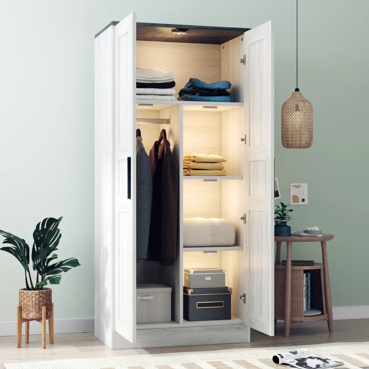 Merax 2-Door Wooden Wardrobe with LED and 4 Storage Shelves