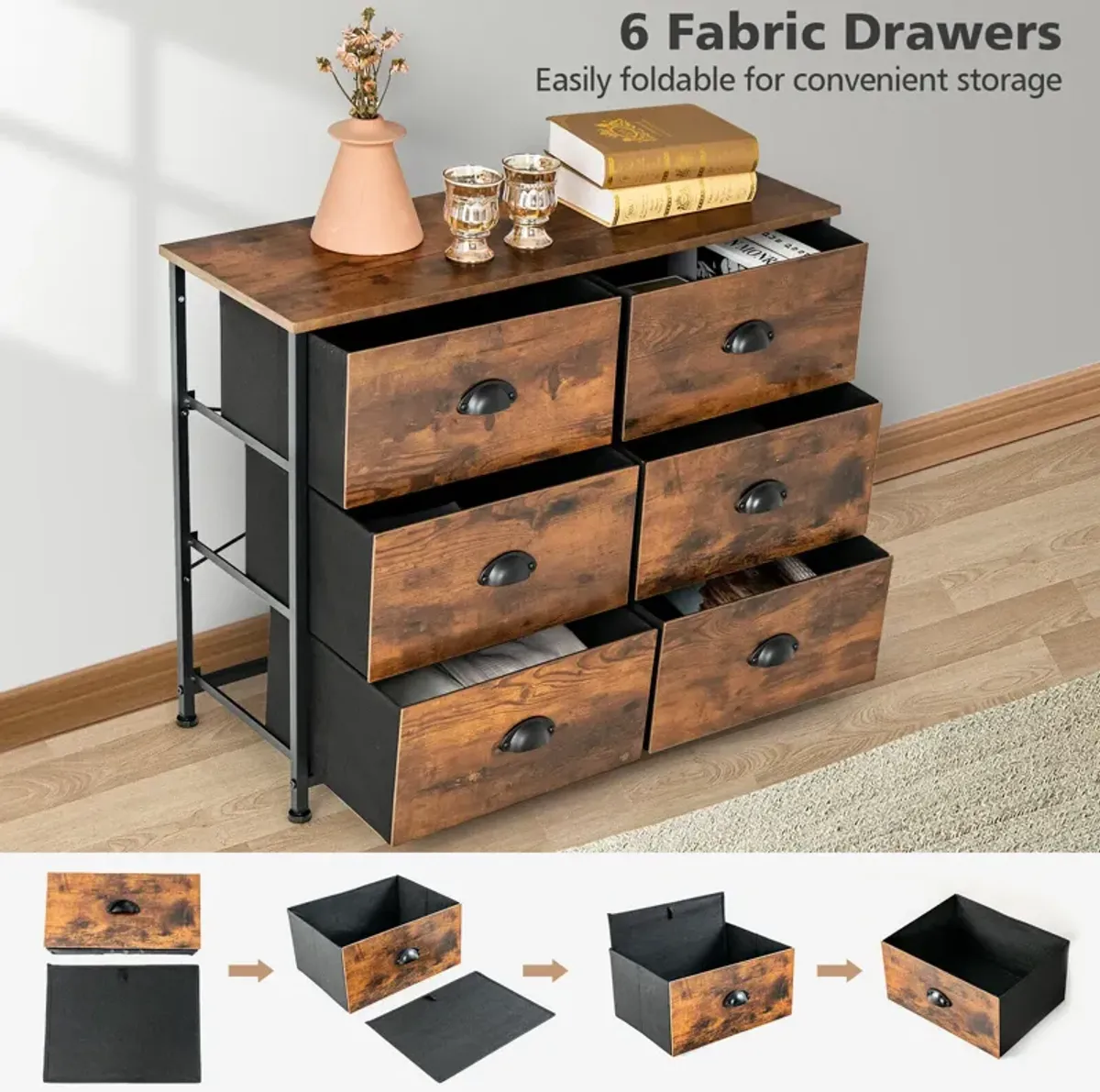 6 Fabric Drawer Storage Chest with Wooden Top