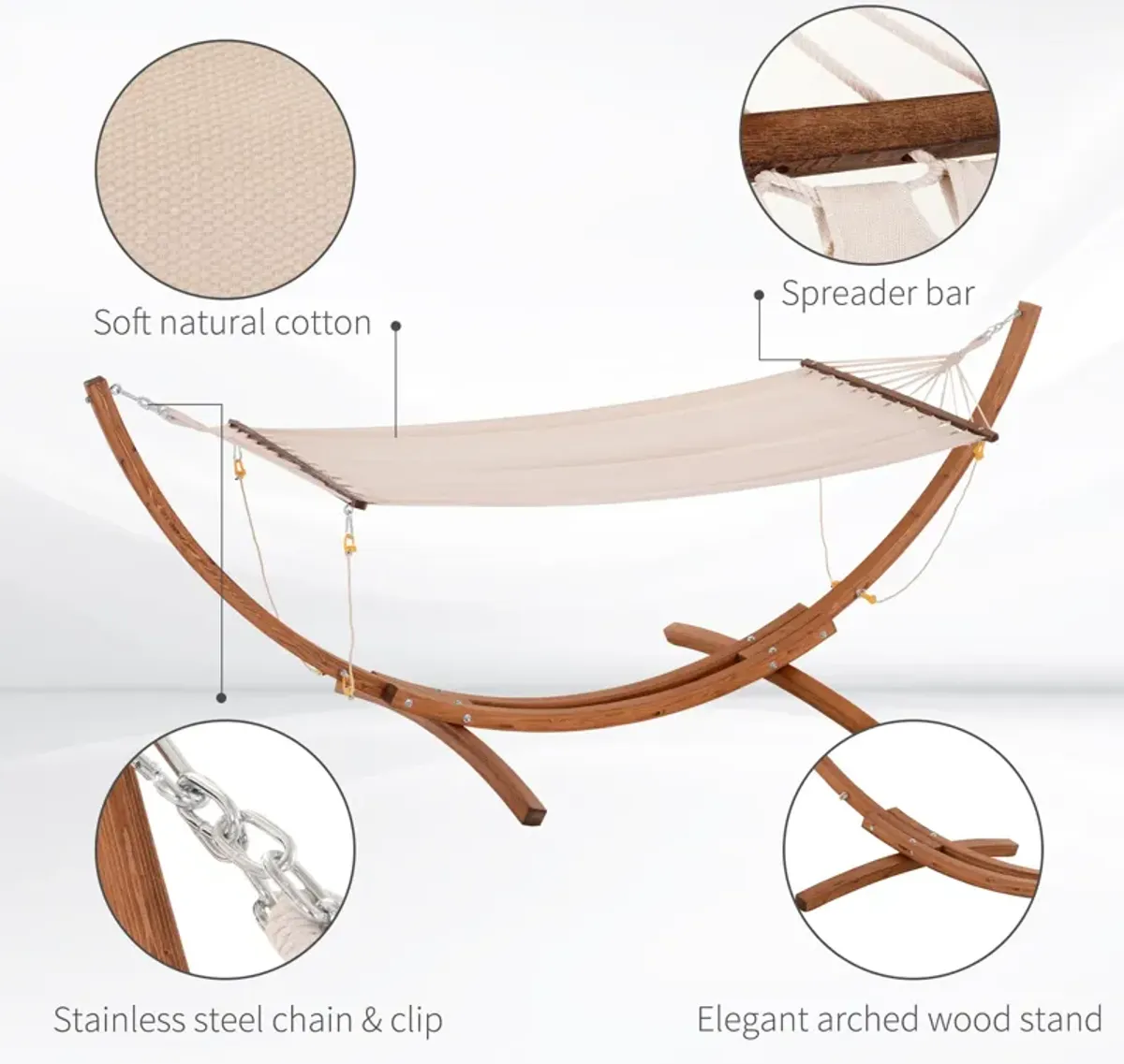 White Boho Bliss: 10' Wood Hammock with Stand for Single Person