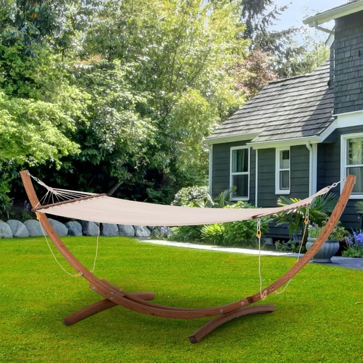 White Boho Bliss: 10' Wood Hammock with Stand for Single Person