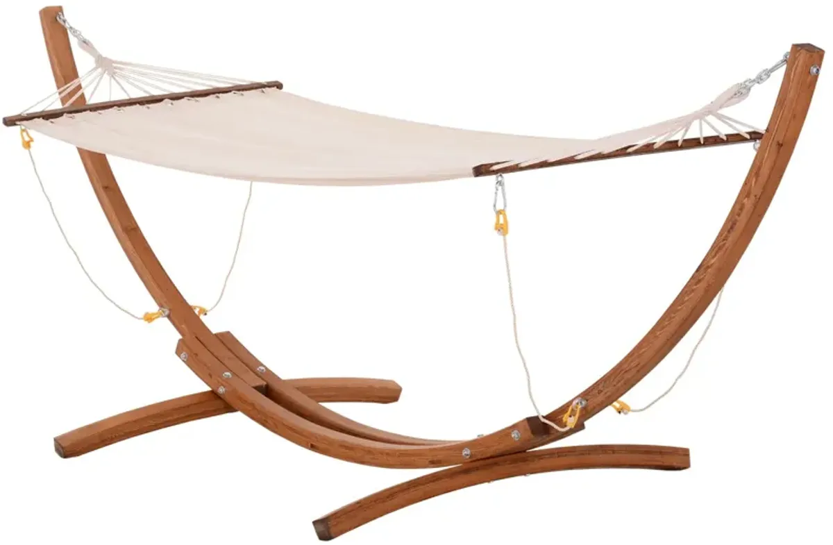 White Boho Bliss: 10' Wood Hammock with Stand for Single Person