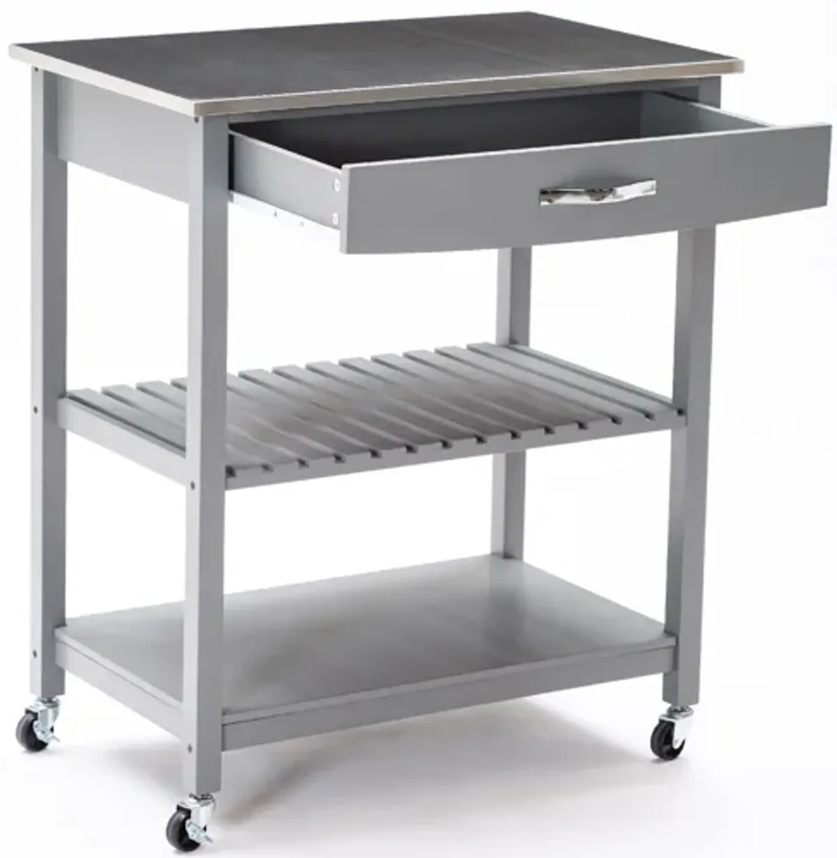 38 Inch 2 Tier Kitchen Cart Island, Shelf, Steel Top, Lock Casters, Gray - Benzara