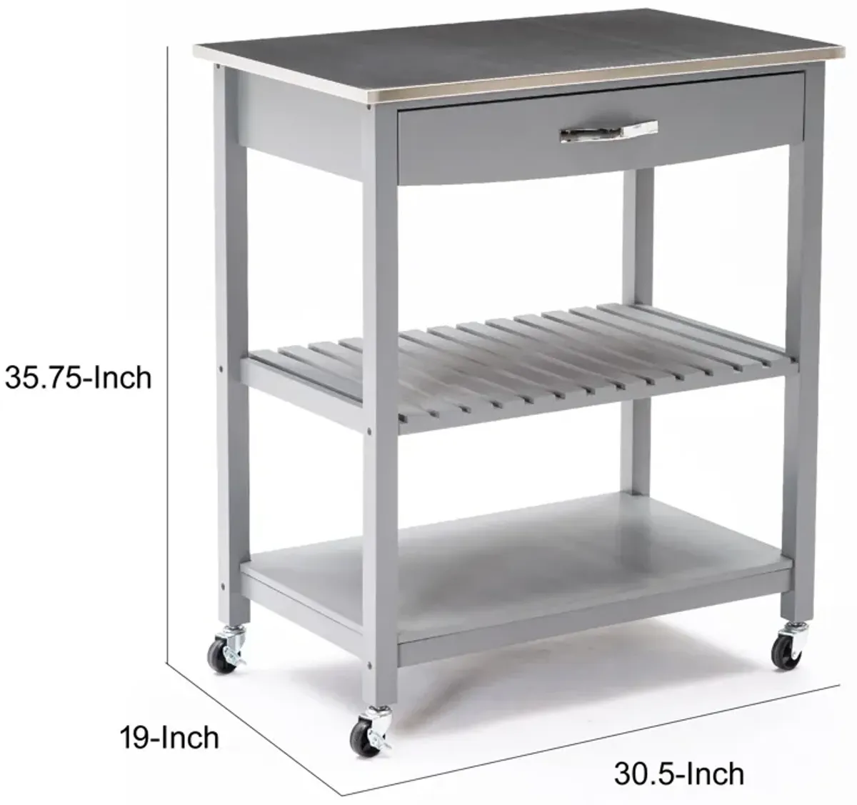 38 Inch 2 Tier Kitchen Cart Island, Shelf, Steel Top, Lock Casters, Gray - Benzara