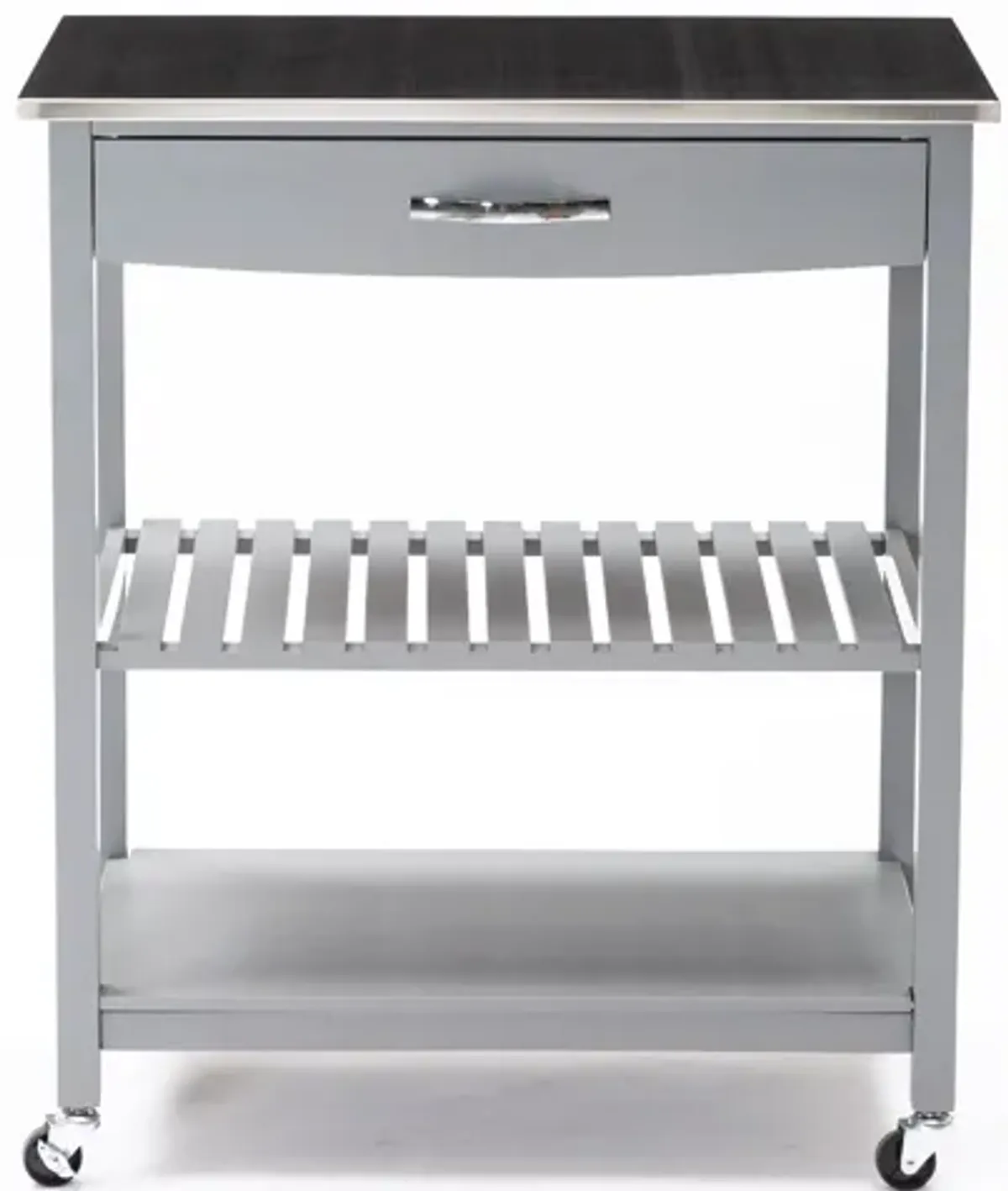 38 Inch 2 Tier Kitchen Cart Island, Shelf, Steel Top, Lock Casters, Gray - Benzara