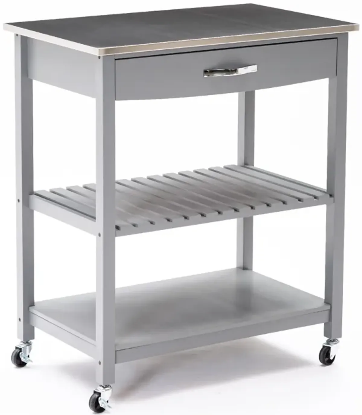 38 Inch 2 Tier Kitchen Cart Island, Shelf, Steel Top, Lock Casters, Gray - Benzara