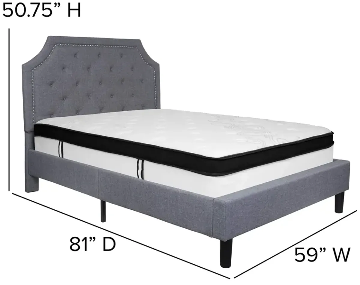 Brighton Full Size Tufted Upholstered Platform Bed in Light Gray Fabric with Memory Foam Mattress