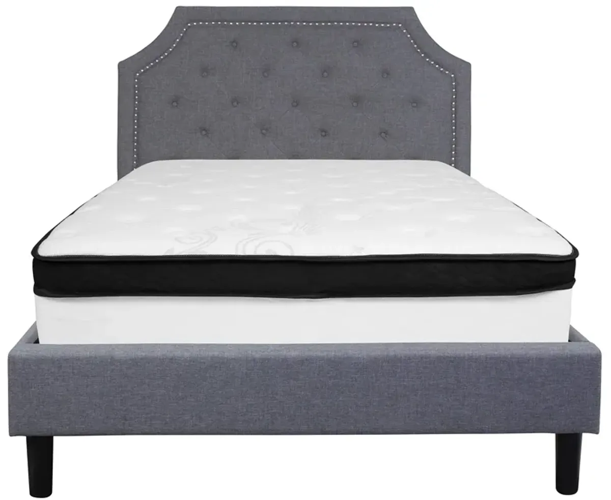 Brighton Full Size Tufted Upholstered Platform Bed in Light Gray Fabric with Memory Foam Mattress