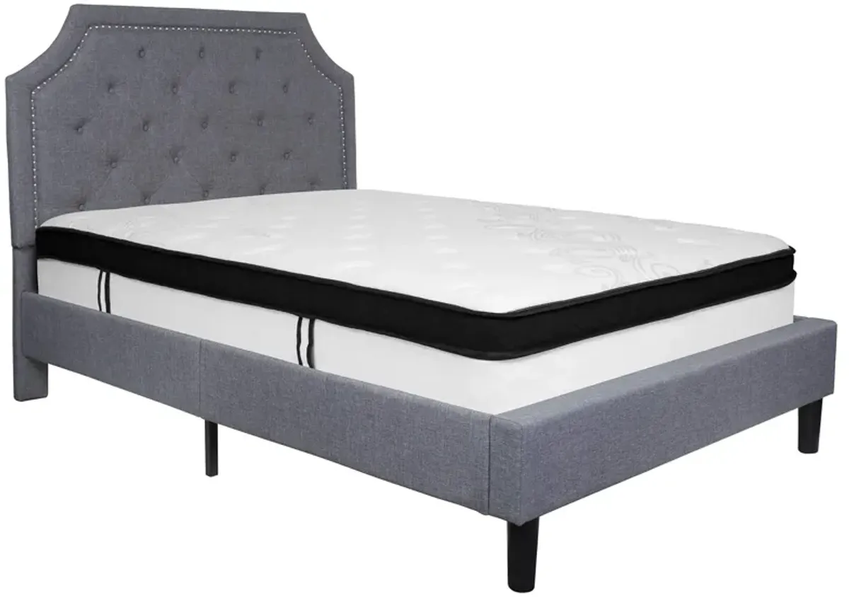 Brighton Full Size Tufted Upholstered Platform Bed in Light Gray Fabric with Memory Foam Mattress