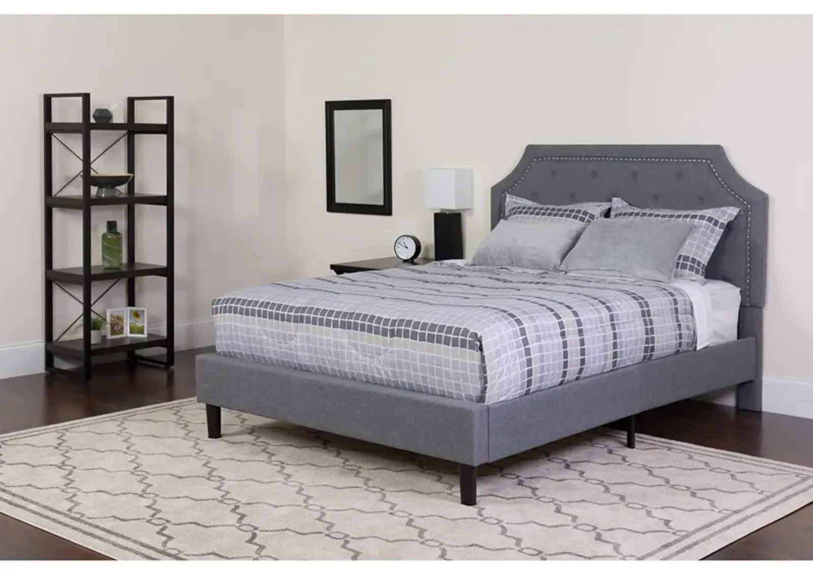 Brighton Full Size Tufted Upholstered Platform Bed in Light Gray Fabric with Memory Foam Mattress