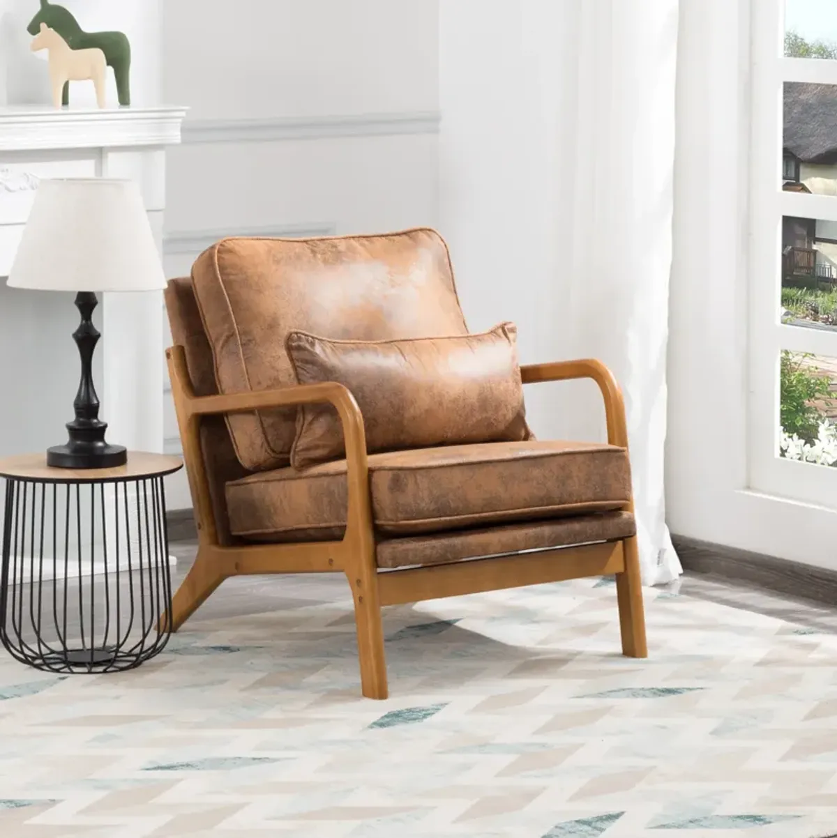 Faux Leather Arm Chair with Solid Wood Leg