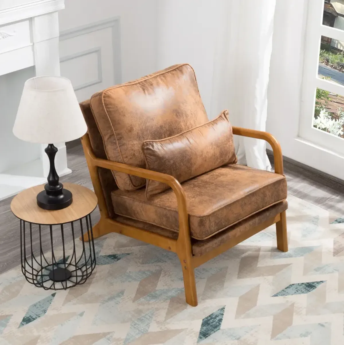 Faux Leather Arm Chair with Solid Wood Leg