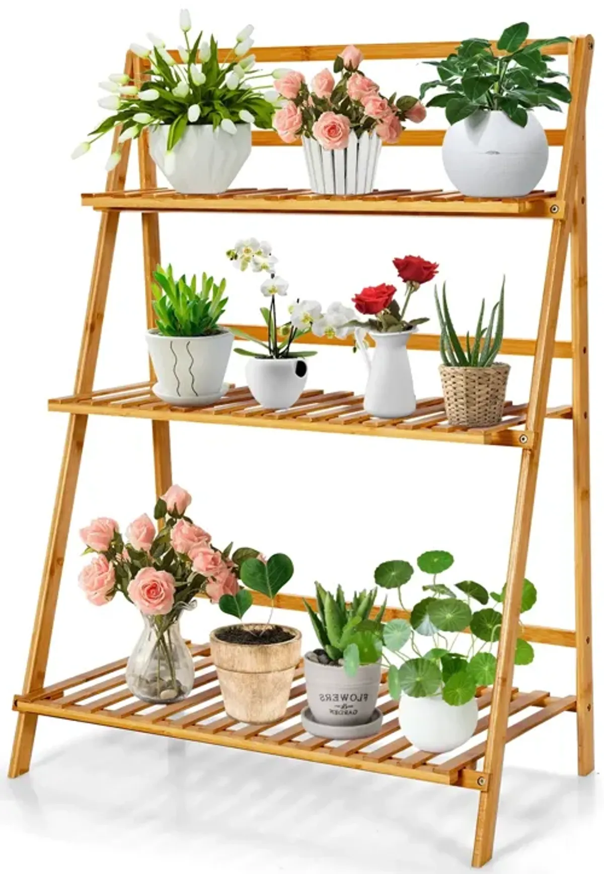 3-Tier Bamboo Foldable Plant Stand with Display Shelf Rack-Natural