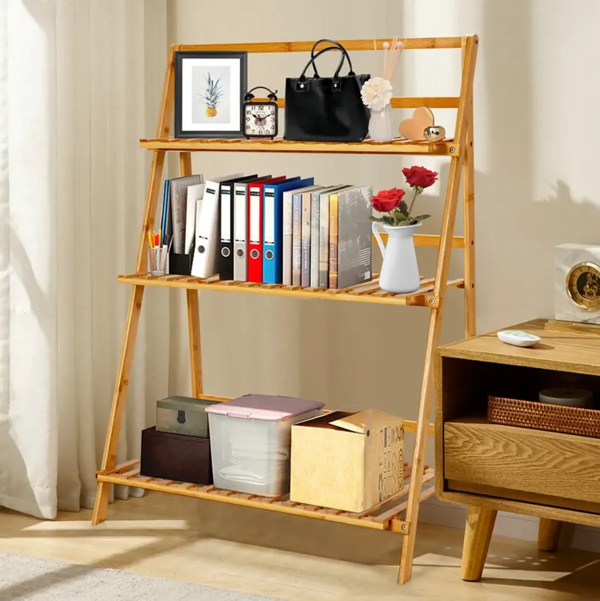 3-Tier Bamboo Foldable Plant Stand with Display Shelf Rack-Natural