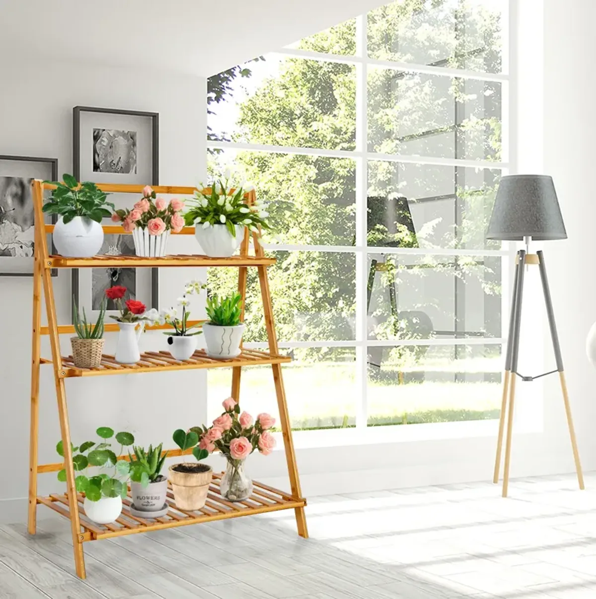 3-Tier Bamboo Foldable Plant Stand with Display Shelf Rack-Natural