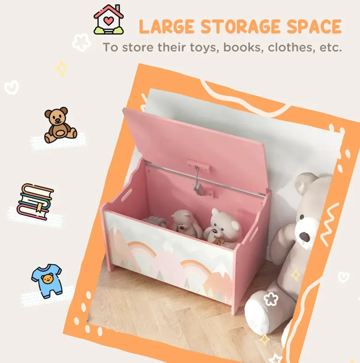 Toy Box with Lid, Toy Chest Storage Organizer for Bedroom with Safety Hinge, Cute Animal Design, Pink