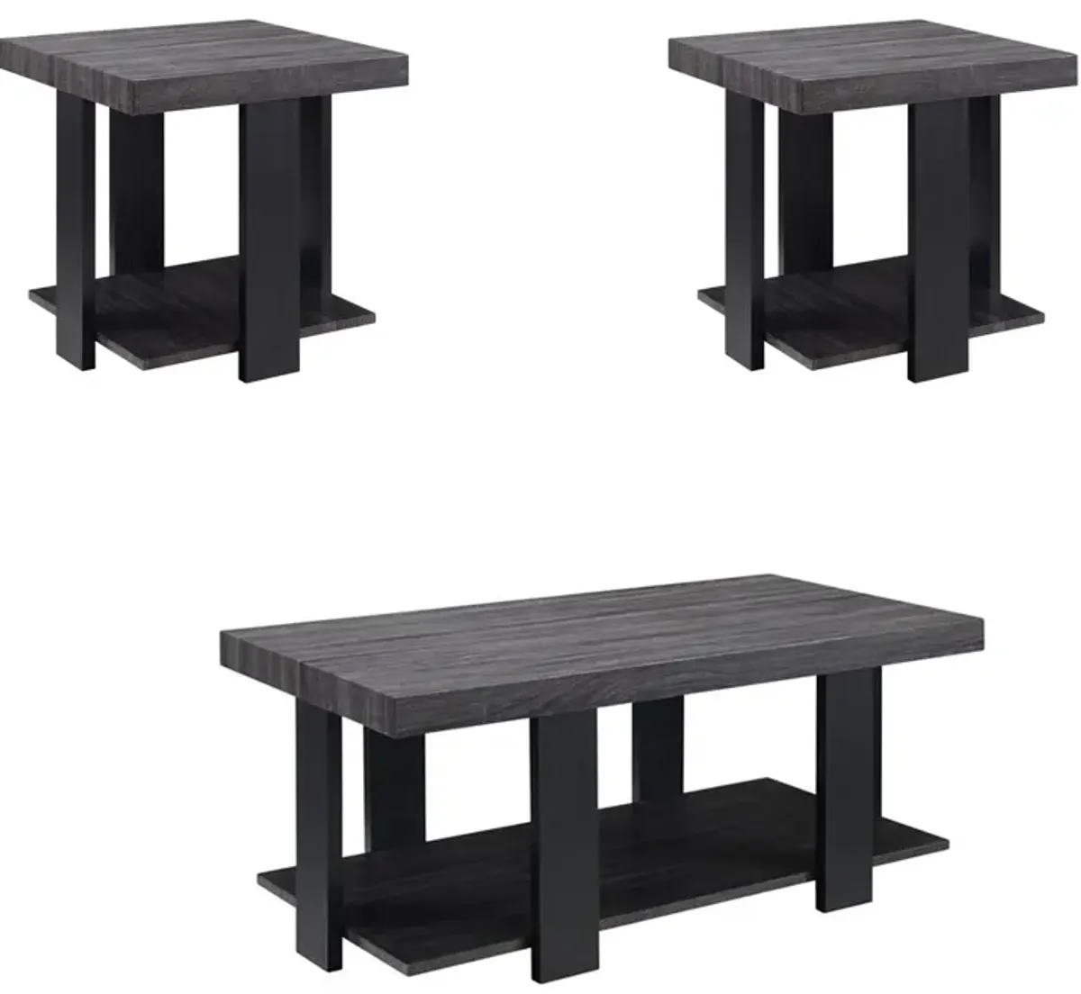 Wood and Metal 3 Piece Cocktail Table Set, Gray and Black-Benzara