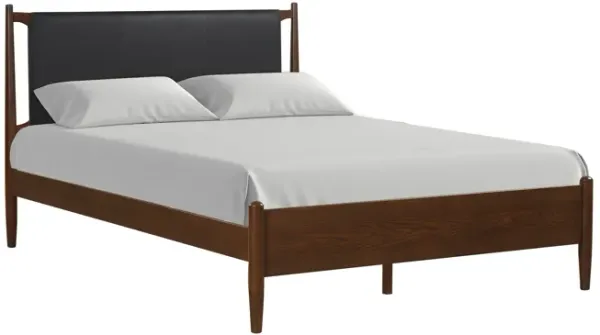 Niyu Queen Size Bed, Black Faux Leather Upholstery, Brown Solid Wood - Benzara