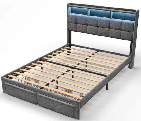 Queen Size LED Bed Frame with Storage, Dark Gray Wood & Metal Platform Design