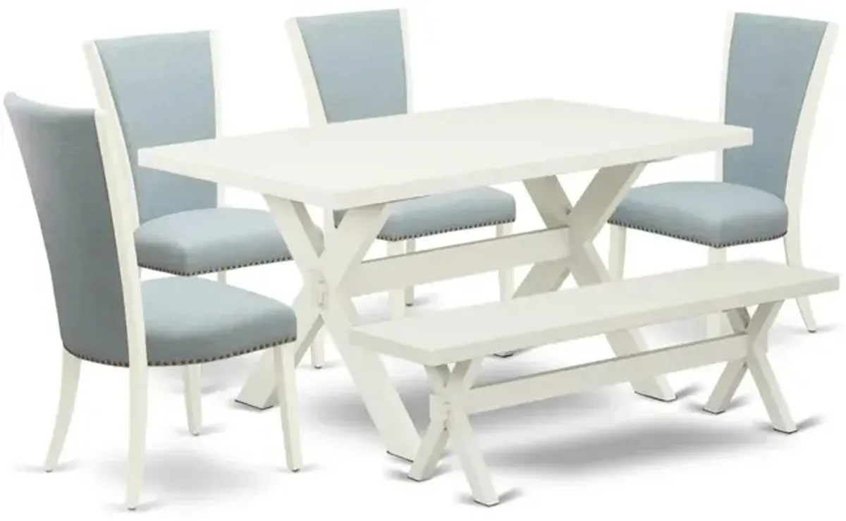 East West Furniture X026VE215-6 6 Piece Dinette Set - 4 Baby Blue Linen Fabric Dining Room Chairs with Nailheads and Linen White Wooden Dining Table - 1 Wooden Bench - Linen White Finish