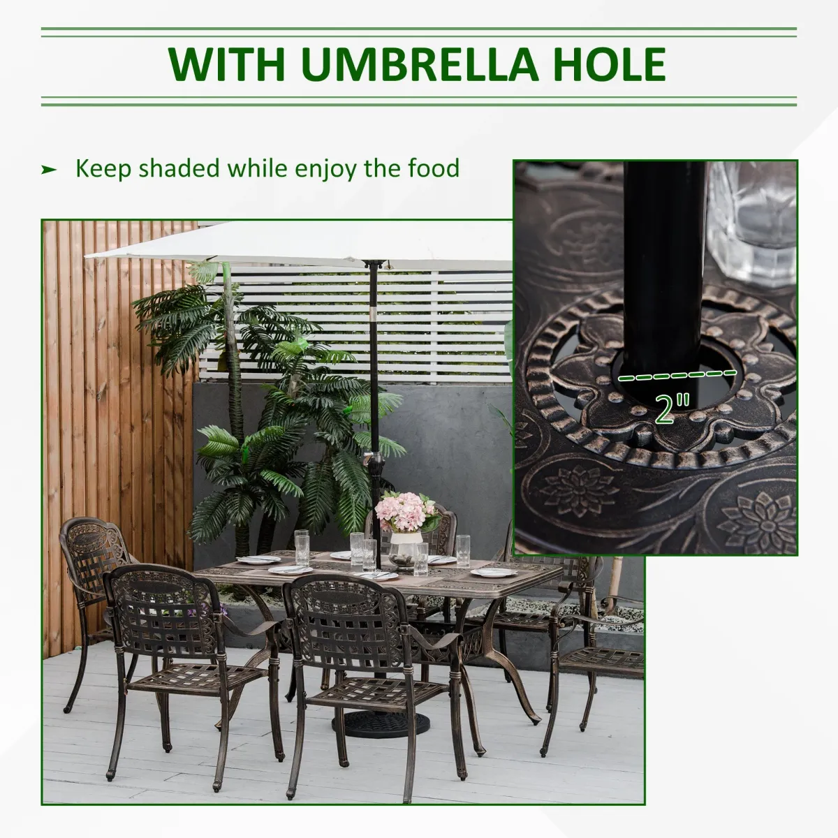 Bronze Outdoor Dining: 7-Piece Cast Aluminum Set with Umbrella Hole