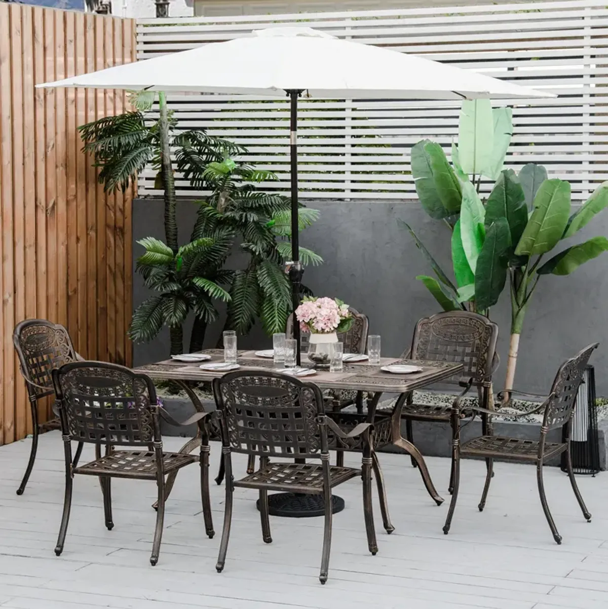 Bronze Outdoor Dining: 7-Piece Cast Aluminum Set with Umbrella Hole