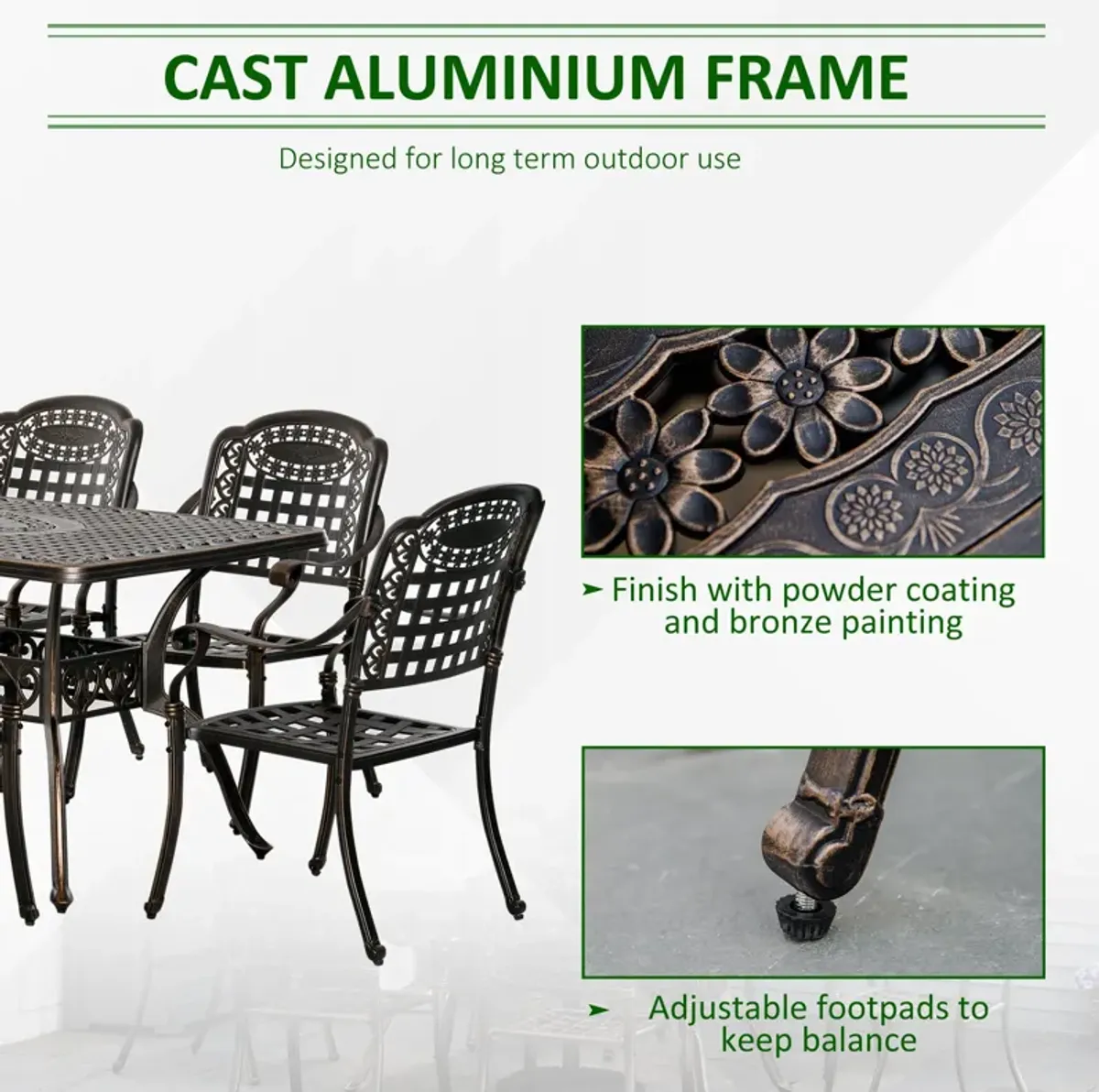 Bronze Outdoor Dining: 7-Piece Cast Aluminum Set with Umbrella Hole