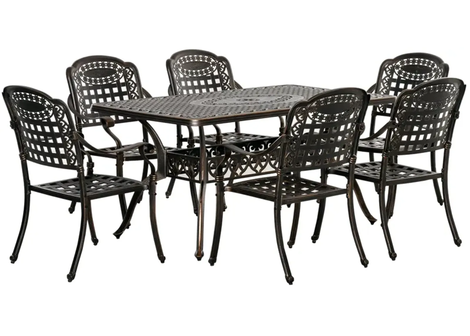 Bronze Outdoor Dining: 7-Piece Cast Aluminum Set with Umbrella Hole