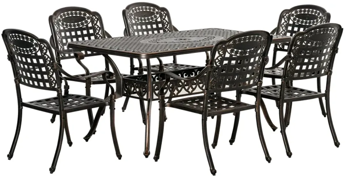 Bronze Outdoor Dining: 7-Piece Cast Aluminum Set with Umbrella Hole