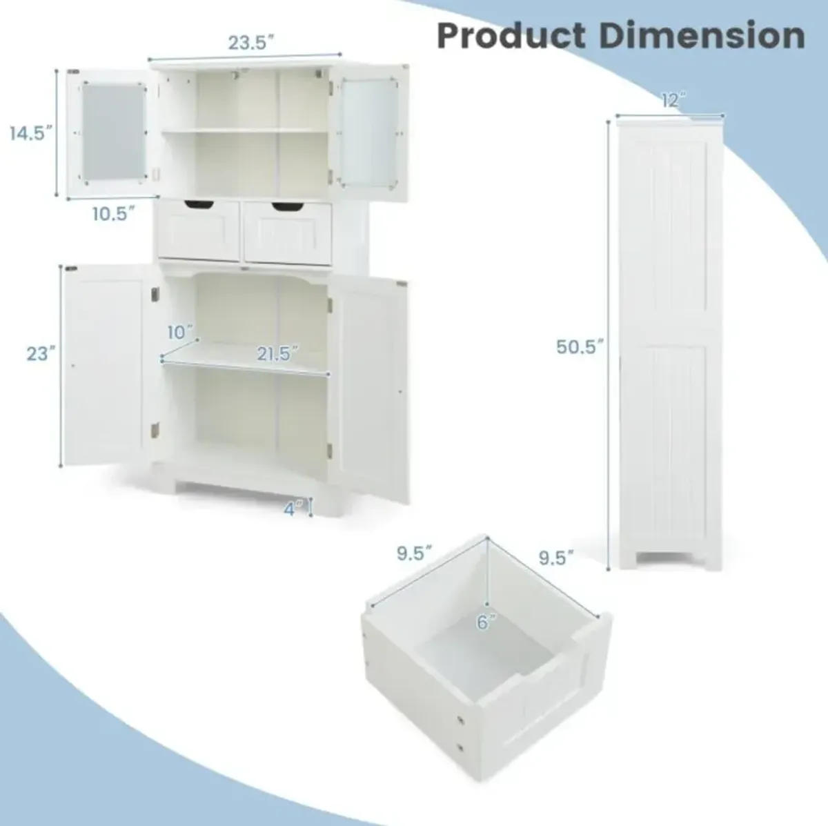 Hivvago 3 Tier Freee-Standing Bathroom Cabinet with 2 Drawers and Glass Doors-White