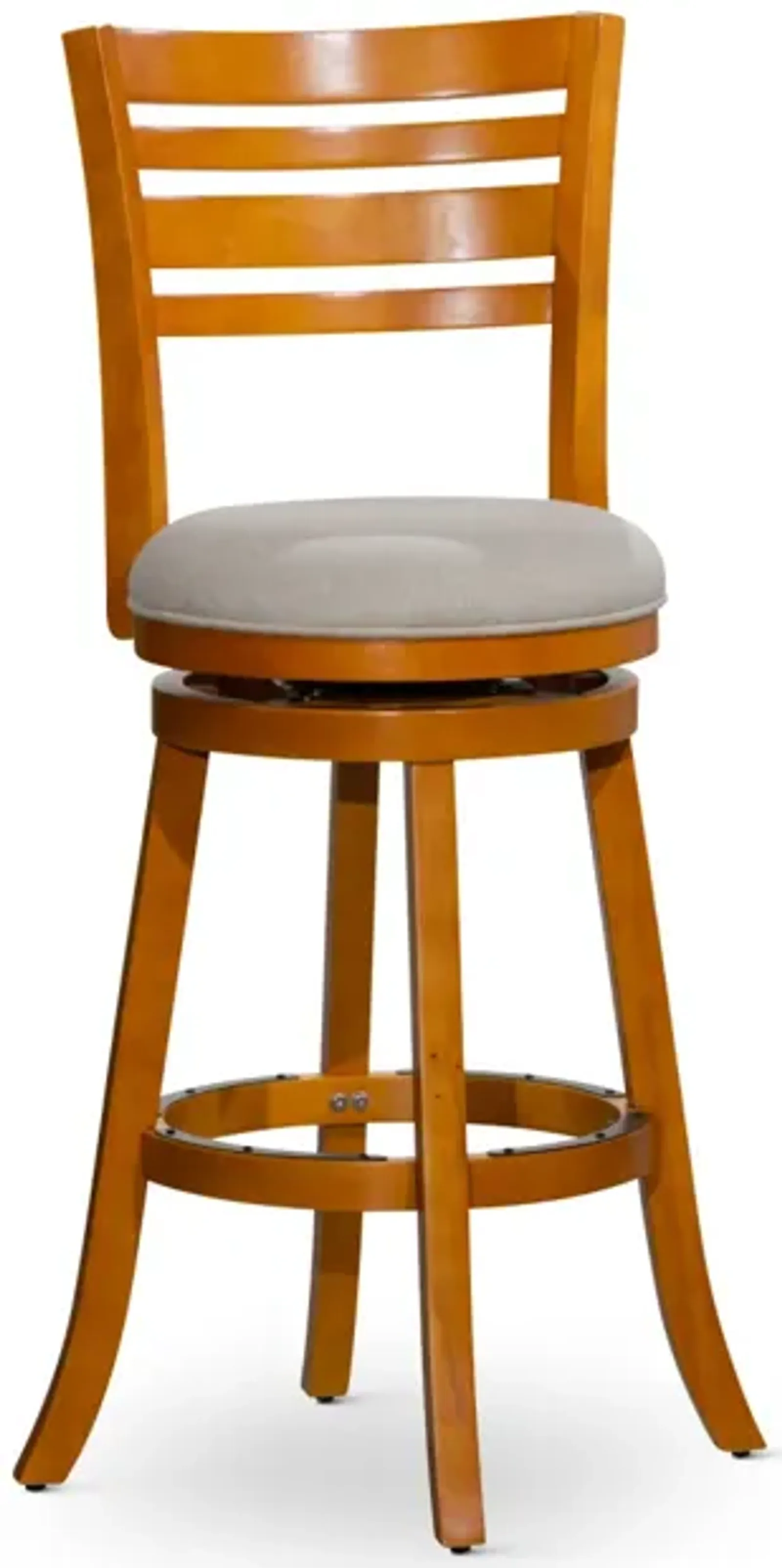 30" Bar Height Slat Back Swivel Stool, Natural Finish, Beige Fabric Seat