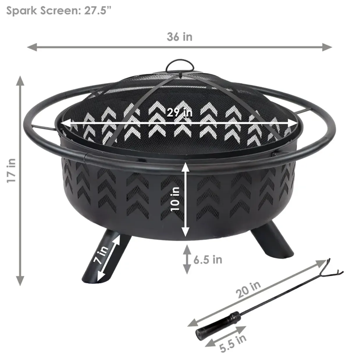 Sunnydaze 36 in Steel Arrow Motif Fire Pit with Spark Screen - Black