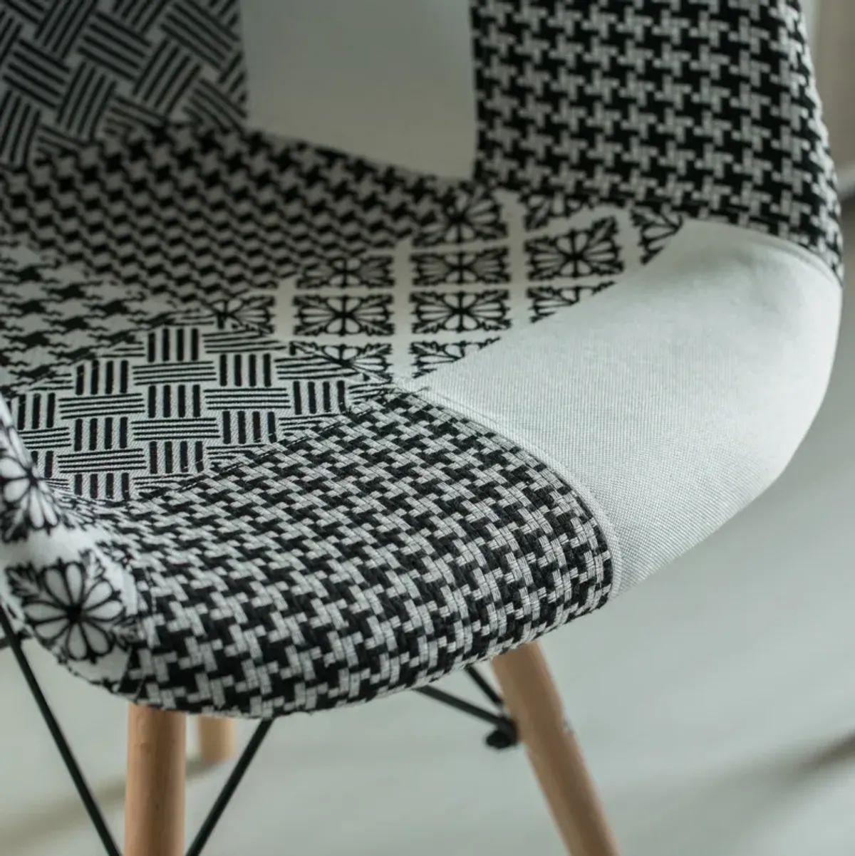 Mid-Century Modern Style Fabric Lined Armchair with Beech Wooden Legs, Black and White Set 2