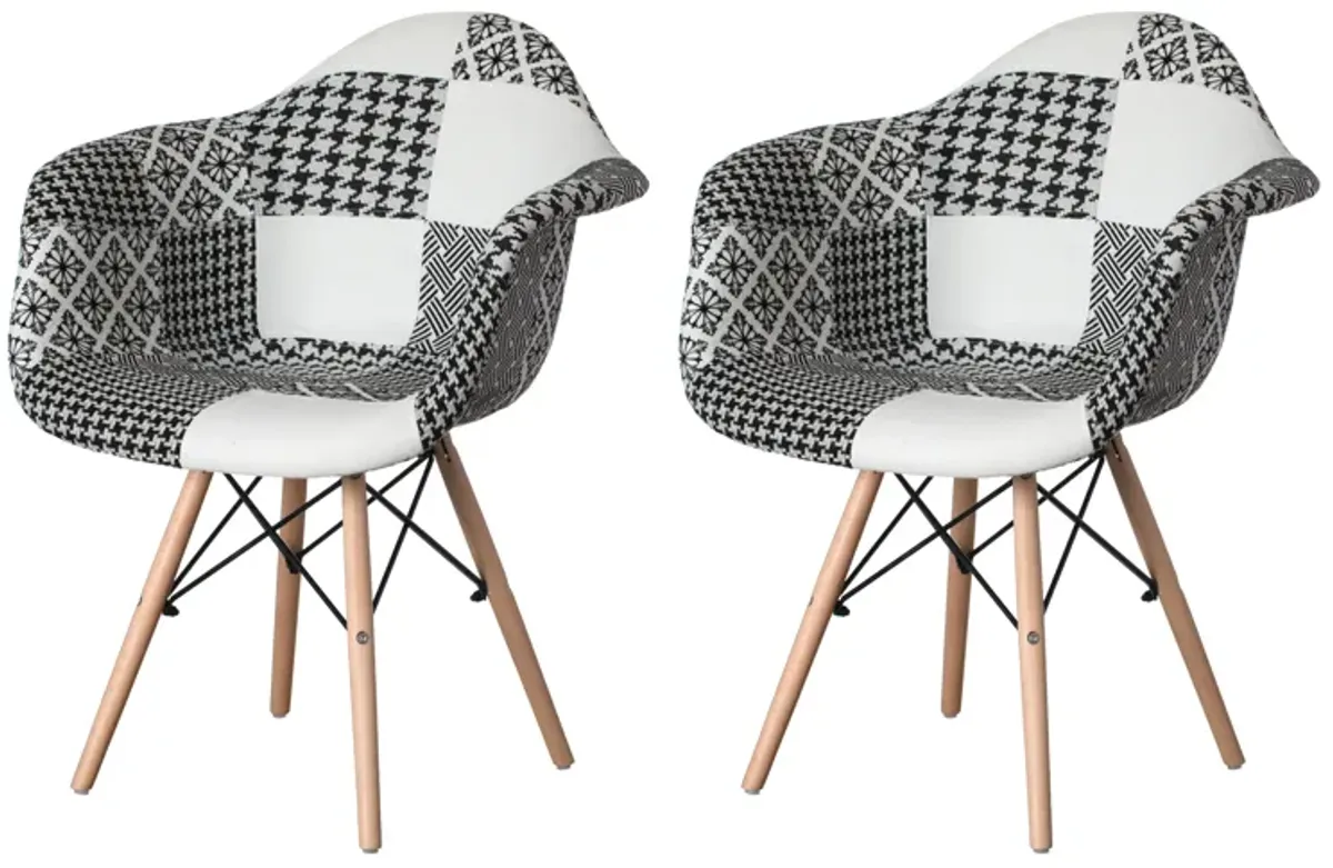 Mid-Century Modern Style Fabric Lined Armchair with Beech Wooden Legs, Black and White Set 2