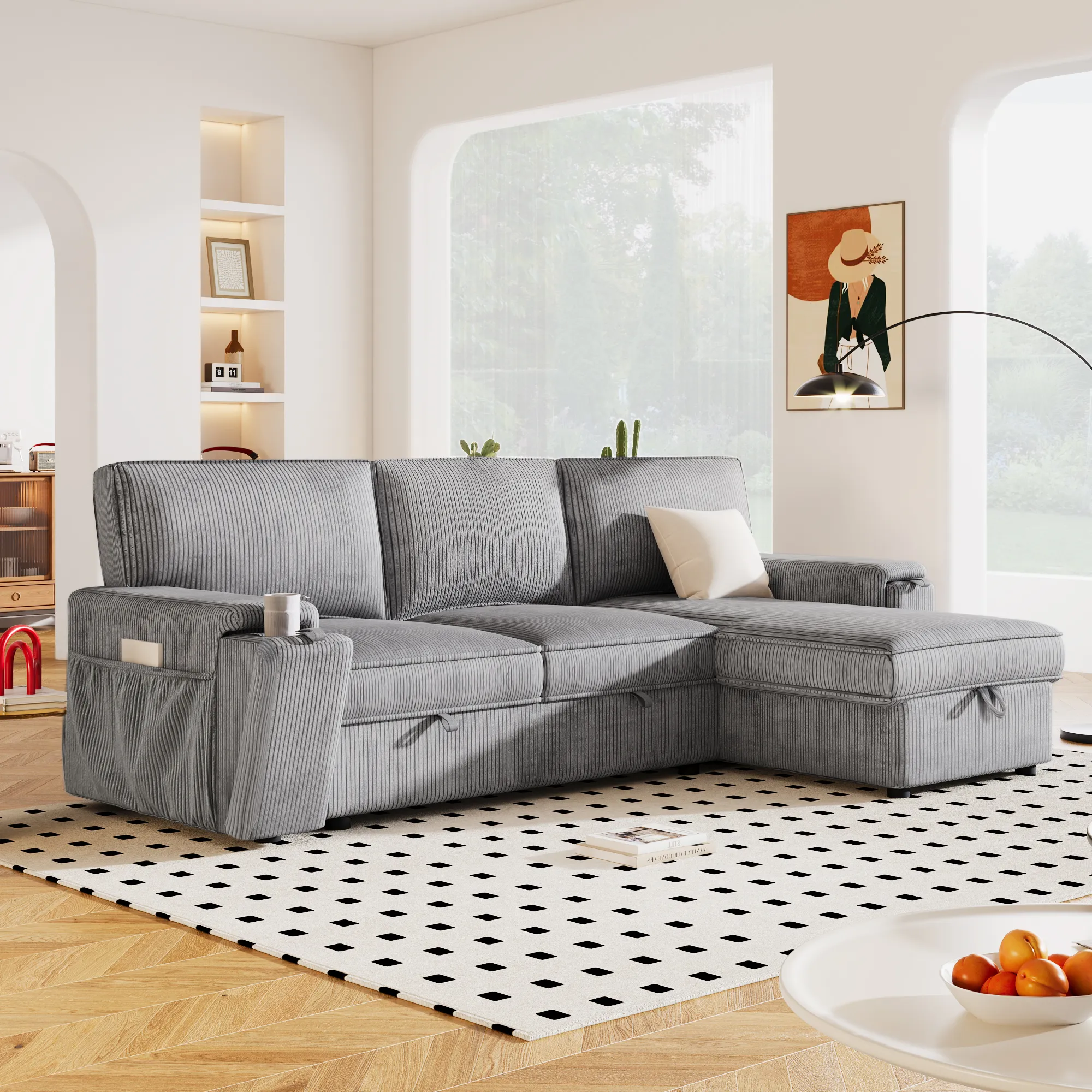 Merax Upholstery Sleeper Sectional Sofa with Storage